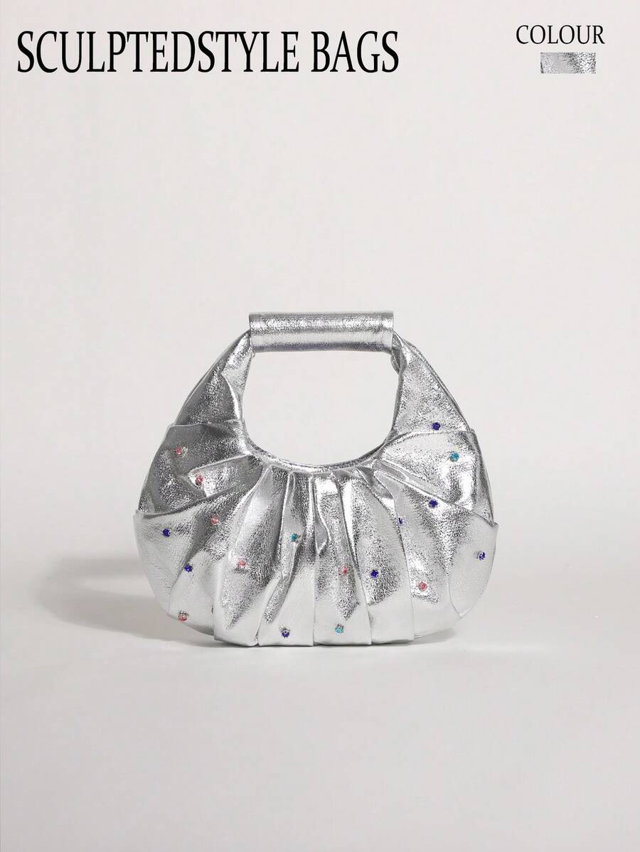 SCULPTEDSTYLE BAGS 新款女款手提包,銀色 PU 雲朵包,裂紋紋理,彩色鑽石鑲嵌,時尚百褶極簡拼接優雅手提包(彩色鑽石隨機分佈) - 銀色 - 查看 1