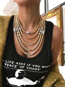 1pc Personalized Exaggerated Ins Metal Bamboo Joint Colorblock Necklace, Fashion Retro Geometric Beaded Layered Jewelry Set - Multicolor - View 3