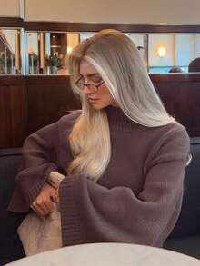 深棕色半高領寬鬆版型大喇叭袖短版針織毛衣，女款秋冬復古風戶外通勤百搭套頭上衣 - 咖啡棕 - 查看 5