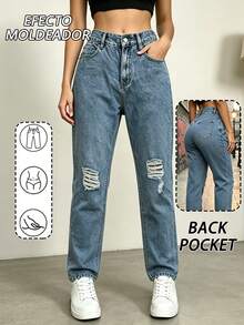 Pantalon De Mezclilla Dam,Pantalones acampanados de mezclilla azul medio lavados con roturas, cintura media, ajustados y elásticos - 2052 - Ver 1