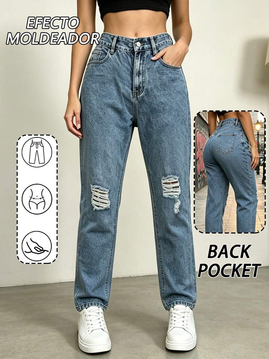 Pantalon De Mezclilla Dam,Pantalones acampanados de mezclilla azul medio lavados con roturas, cintura media, ajustados y elásticos - 2052 - Ver 1