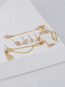 8Pcs Multi Pack Tiny Gold CZ Cartilage Stud Earrings, Dangle Chain Cubic Zirconia Tragus Helix Piercing Jewelry For Women Girls Multiple Ear Piercings - Yellow Gold - View 3