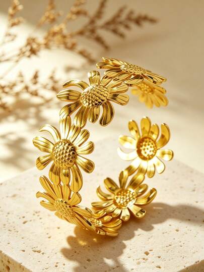 VceTd 1pc Elegant Minimalist Style Stainless Steel Women's Bracelet With Sunflower Design, Suitable For Daily Wear, Parties, Vacations, Or Afternoon Tea With Friends