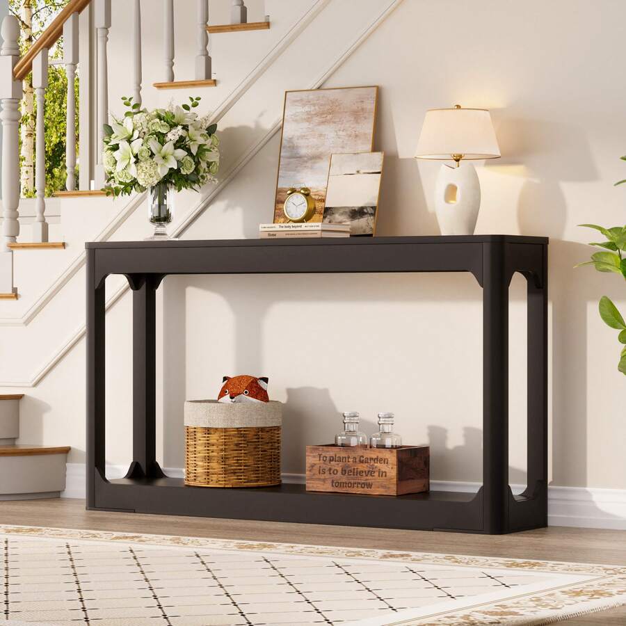 Curved Side Table, 140 Cm Long, With Storage Space. This Two-Tiered Storage Table Is Perfect For Behind The Sofa, In Entryways, Hallways, And Foyers. Black. - Black - View 1