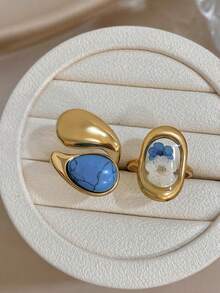 Juego de Anillos Ovalados con Flores Secas Serie Azul, Anillo de Acero Inoxidable Dorado para Mujer, Joyería para Uso Diario, Fiesta, Vacaciones, Cumpleaños y Viajes - Multicolor - Ver 1