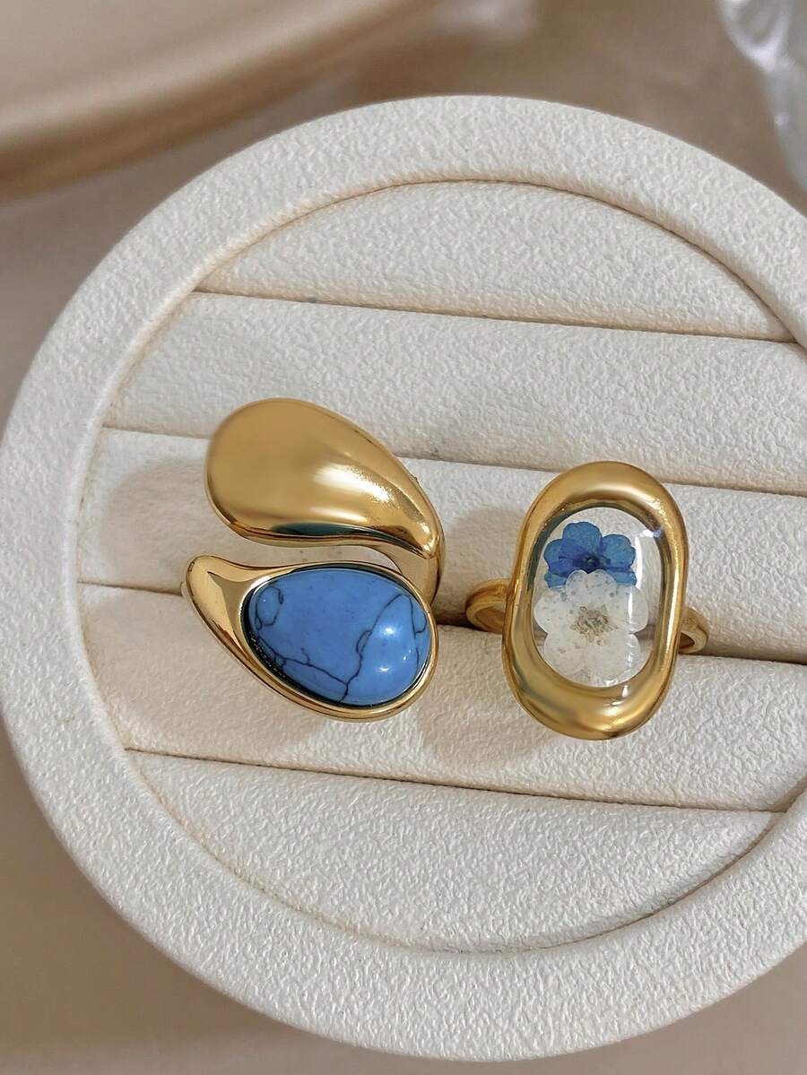 Juego de Anillos Ovalados con Flores Secas Serie Azul, Anillo de Acero Inoxidable Dorado para Mujer, Joyería para Uso Diario, Fiesta, Vacaciones, Cumpleaños y Viajes - Multicolor - Ver 1