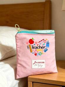 Teacher Appreciation Gift, Large Capacity Portable Makeup Bag, Printed With "Teacher" Text, Makeup Bag, Lining, Perfect For Educators And School Staff, Teacher Thank You Gift, Fashionable Casual Accessory For Travel, Vacation, Daily Commute, Teacher's Day, Portable Storage Bag, Makeup Organizer Bag, Coin Purse, Back To School, Commute, Home Essential. - Multicolor - View 2