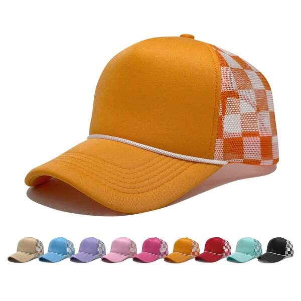 Checkered Baseball Cap, Corded Trucker Mesh Cap, Outdoor Casual American Style Fashionable Breathable Baseball Cap, Beach Hiking Cap.