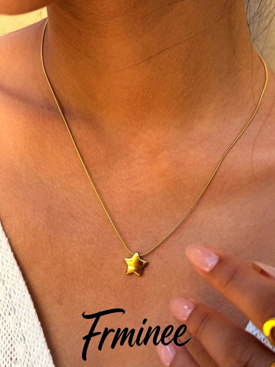 Frminee 1pc 18k Gold-Plated Star Stainless Steel Necklace, Women's Fashion Jewelry Accessory, Suitable For Daily Vacation Wear And Holiday Gifts - Multicolor - View 1