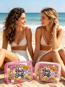 Bolsa de maquillaje de viaje con lazo, incluye peine para el cabello y bolsa de maquillaje transparente con estampado floral y cremallera, bolsa organizadora de maquillaje portátil linda y colorida, decorada con detalles de corazón y estrella, diseñada para entusiastas de la belleza para viajes y almacenamiento diario de artículos de tocador y accesorios para el cabello, adecuada para viajes, picnic, fiesta, cita, playa, verano, regreso a la escuela, dormitorio, Día del Maestro, regalo del Día de la Madre - Multicolor - Ver 9