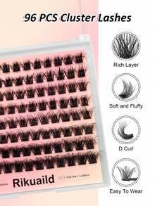 Rikuaild 96pcs Fluffy Eyelash Clusters, Thick Natural Curly Individual False Eyelash Clusters, D-Curl, 10-16mm Length, Dramatic Eyelash Clusters - D - View 3