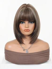 12 Inch Gradient Brown Caramel Highlighted Bob Wig, Lightweight Soft Synthetic Fiber, Neat Long Face-Framing Bangs, Comfortable Adjustable Wig Cap, Suitable For Daily Commute, Vintage Photo Shoot, Cosplay Party, Women's Fashion Synthetic Wig - Brown Highlight - View 2