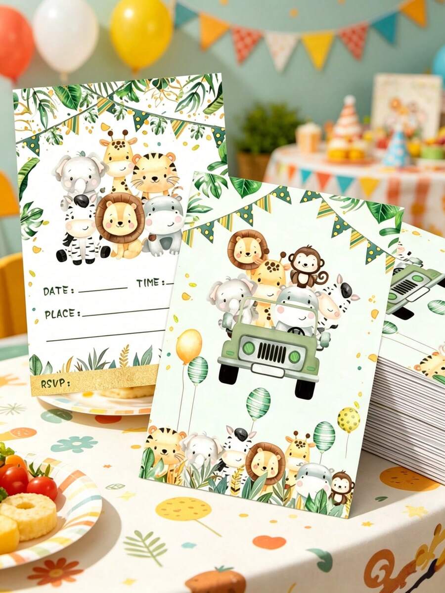 12pcs Jungle Animal Theme Paper Invitation Cards, Jungle Party Invitations, Suitable For Animal Theme Birthday Party, Gender Reveal Party, Baby Shower, Wedding Party, Birthday Party Invitations, Thank You Cards, Greeting Cards, Birthday Gift Cards, Jungle Theme Party Supplies, Back To School Season, Party Favors