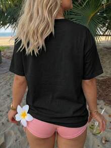 Soft Cotton Summer T-shirtCamiseta básica de algodón para mujer, estilo vintage, con estampado de flamenco, palmera, flor de hibisco y "SUNSHINE ON MY MIND", informal para uso diario, corte - Negro - Ver 2