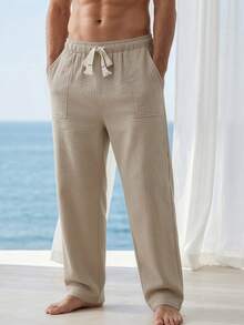 Mercer Haus Men's Straight Leg Casual Loose Fit Versatile Drawstring Pure Cotton Pants - Khaki - View 3