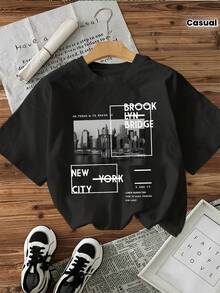 Sommerliches Kurzarm-Freizeit-Sport-T-Shirt für Damen mit Schriftzugdruck und Rundhalsausschnitt - Schwarz - Übersicht 1