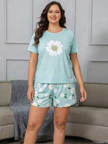 Plus Size Green Short Sleeve Top & Cartoon Shorts 2 Pieces Pajama Set For Women - Green - View 2
