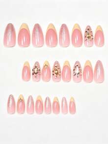24pcs Almond Shaped Nail Stickers Cute Yellow French 3D Gold Rhinestone Diamond Hexagon Rhinestone Nails Fashion Silver Glitter Gradient Pale Yellow French Gold Starfish Full Coverage Fake Nails Pointed With 1pc Jelly Glue And 1pc Mini Nail File, Jelly Glue Randomly Shipped - Yellow - View 3