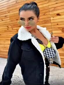 Women's Denim Jacket With Alpaca Lining And Fur Lining. - Preto - View 5