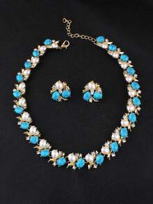 Set de 3 piezas de joyas con baño de oro, perlas falsas y cristales azules, incluyendo collar y aretes, ideal para el Día de San Valentín, Día de la Madre, Cumpleaños, Bodas y Fiestas. Conjunto de joyas perfecto para novias y uso diario, mamá, madre, Día de la Madre, regalo - Blanco - Ver 6