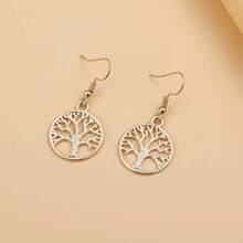 1 Pair Of Women's Golden Color Round Tree Of Life Pendant Fashion Drop Earrings, Suitable For Daily Wear, Vacations, And Parties - Groin - View 3