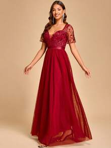 Women's Mesh Patchwork Pleated Elegant Cinched Waist Evening Bridesmaid Dress - Burgundy - View 4