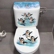 1pc 30*60cm Ocean Style Penguin Playing In Water Toilet Sticker, Waterproof Removable Bathroom Decor Sticker - Multicolor - View 1