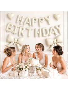 20 Stücke und 15 Stücke Set cremeweiße Happy Birthday Banner + 21-Zoll cremeweiße Schleifenballons + 18-Zoll herzförmige Folienballons, geeignet für Mädchen, Geburtstagsdekoration für Frauen, Prinzessinnen-Stil Partydekoration, cremefarbene Geburtstags-Themen-Partydekoration Ballons - Geburtstag - View 4