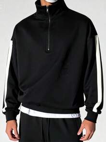Men's Patchwork Loose Drop Shoulder Zip-Up Collar Sweatshirt - Black - View 3