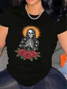 2026 Cute Blouses Women's Halloween T-Shirt, Comfortable, Round Neck, Casual, Cotton Blend, Short Sleeve, Soft And Breathable, Women's Clothing, Summer And Premium T-Shirt - 黑色 - 查看 1