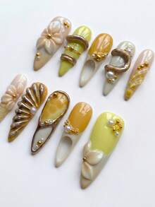 10 PCS Y2K Handmade Long Stiletto Press On Nails, Hollow Cut-Out & Honeycomb Pattern French Tip With Charms, Removable Reusable Nail Supplies Set (Jelly Glue & Nail File Incl.) - Mustard Yellow - View 3