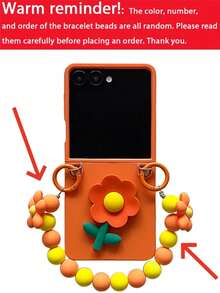 New Fashion 3D Floral Orange Phone Case, Compatible With Samsung Galaxy ZFlip 8 Z Z Flip6 ZFlip 5 Z Flip4 ZFlip 3, Shockproof Hard Shell Back Cover, With Floral Beaded Wrist Strap - Orange - View 7