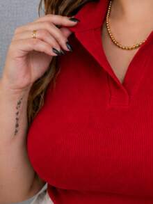 T-Shirt, Blouse, Polo Shirt, Ribbed Cotton, Comfortable, Elegant, Everyday, Casual, Plus Size 007 - 紅色 - 查看 2