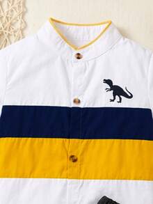 2pcs Young Boy Summer Clothes Set, Color Block Stand Collar Button Down Shirt And Shorts 2-Piece Outfits Cute Dinosaur Fashion Kids Suits 2-8T Back To School - Yellow - View 3