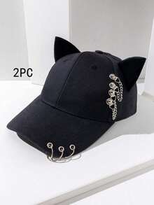 1 Pieza Gorra De Béisbol De Hip Hop Con Forma De Orejas De Gato Y Cadena De Metal Adornada - Negro - Ver 5