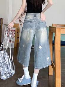 American Retro Star Print 3/4 Length Denim Jeans, Summer New Slimming Lightweight High Street Wide Leg, Random Print Casual - Light Wash - View 2