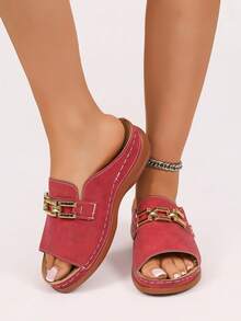 Neue Damen-Sandalen mit dicker Sohle, Keilabsatz und Plateau, Strandmode für Urlaub und Party - Rot - Übersicht 3