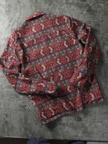 American Retro Geometric Totem Print Button Long Sleeve Pocket Lapel Jacket - Burgundy - View 3