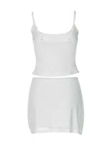 Women's Floral Rhinestone Mesh Cropped Camisole And Mini Skirt 2 Pieces Set, Fitted Sexy Y2K Style Outfit White Summer Elegant - White - View 7