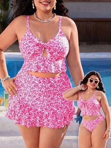 Swim Mod Conjunto de traje de baño de 3 piezas talla grande para mujer, bikini con volantes, estampado floral, tirantes finos, sexy y elegante para vacaciones de primavera/verano en la playa - Rosa Fucsia - Ver 1