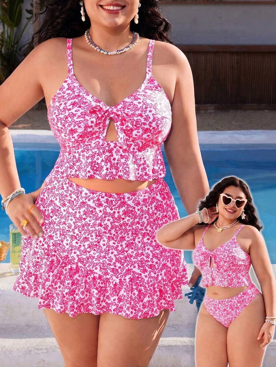 Swim Mod Conjunto de traje de baño de 3 piezas talla grande para mujer, bikini con volantes, estampado floral, tirantes finos, sexy y elegante para vacaciones de primavera/verano en la playa - Rosa Fucsia - Ver 1