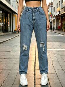 Pantalon De Mezclilla Dam,Pantalones acampanados de mezclilla azul medio lavados con roturas, cintura media, ajustados y elásticos - 2052 - Ver 2
