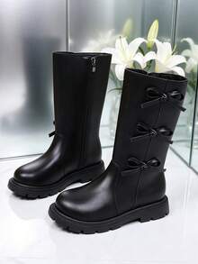 1 Pasang Sepatu Bot Tinggi Anak Perempuan, Dekorasi Pita PU, Ujung Bulat, Sol Tebal, Menambah Tinggi Badan, Desain Resleting Dalam, Gaya Putri yang Modis dan Imut, Cocok untuk Pemakaian Sehari-hari, Sekolah, Liburan, Ulang Tahun, Musim Gugur/Musim Dingin. - Hitam - View 3