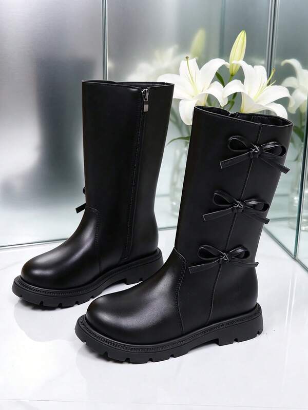 1 Pair Girls' Tall Boots, Solid Color Soft PU With Bow Decor, Round Toe Thick Sole Height-Increasing Inner Zipper Design, Fashionable Cute Princess Style Fashion Boots, Suitable For Daily Wear, School, Holiday, Birthday, Outdoor, Autumn/Winter New