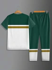 Men's Sports Breathable Comfortable 2-Piece Outfit, Premium Fabric Super Soft Comfortable Gradient Casual Crew Neck Short Sleeve Jogging Pants Set, Hot-Selling Set - Green - View 3