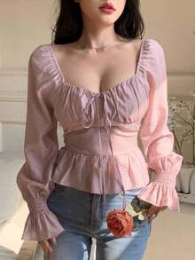 Camisa corta de mujer con cuello cuadrado, manga larga y bajo con volantes, ropa de vuelta al colegio, top de muñeca para el Día de San Valentín - Rosa - Ver 5