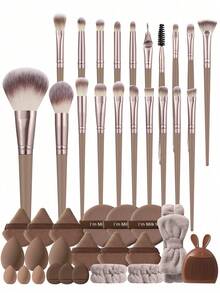 5/9/42pcs Brown Makeup Tool Set, Includes 20pcs Professional Makeup Brush Set, Makeup Sponge, Triangle And Round Powder Puff, Headband, Silicone Cleaning Bowl, Complete Makeup Accessories, Suitable For Foundation, Eyeshadow, Primer - Brown - View 12