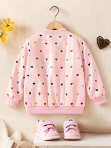 Girls' Casual Fashion Heart Print Drop Shoulder Zip-Up Thermal Lined Long Sleeve Jacket, Autumn/Winter - Pink - View 2