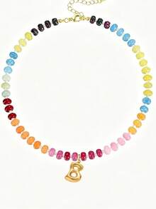 1pc Bohemian Style Colorful Beaded Gemstone Necklace, Bubble Letter Pendant Necklace, Natural Gemstone, Handmade Jewelry Gift - Multicolor - View 8