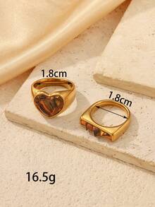 2pcs Stainless Steel Gold-Tone Heart-Shaped Rings With Brown Resin Inlay, Rectangular Polished Surface, Fashion Minimalist Style, Suitable For Women's Daily Wear Or Gift - Yellow Gold - View 4